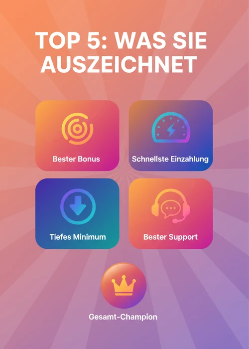Was die Top 5 CashtoCode Casinos auszeichnet: bester Bonus, schnellste Einzahlung, tiefes Minimum und bester Support.
