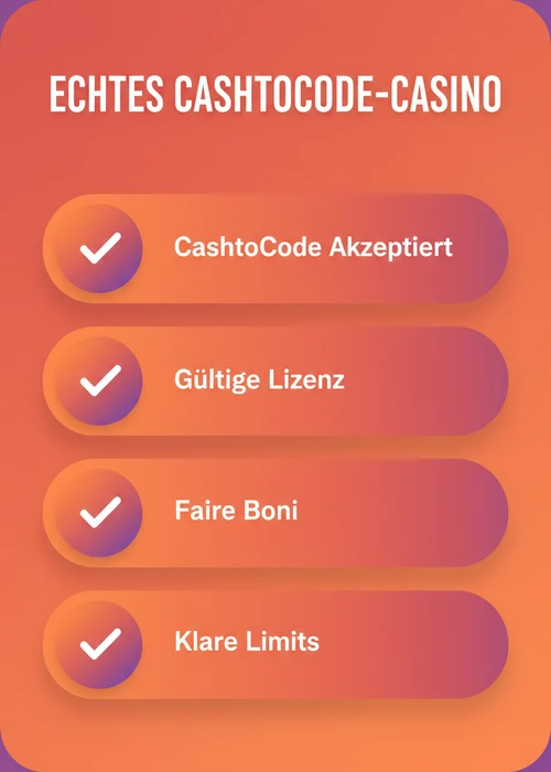 Echtes Online-CashtoCode-Casino erkennen: CashtoCode akzeptiert, gültige Lizenz, faire Boni und klare Limits.